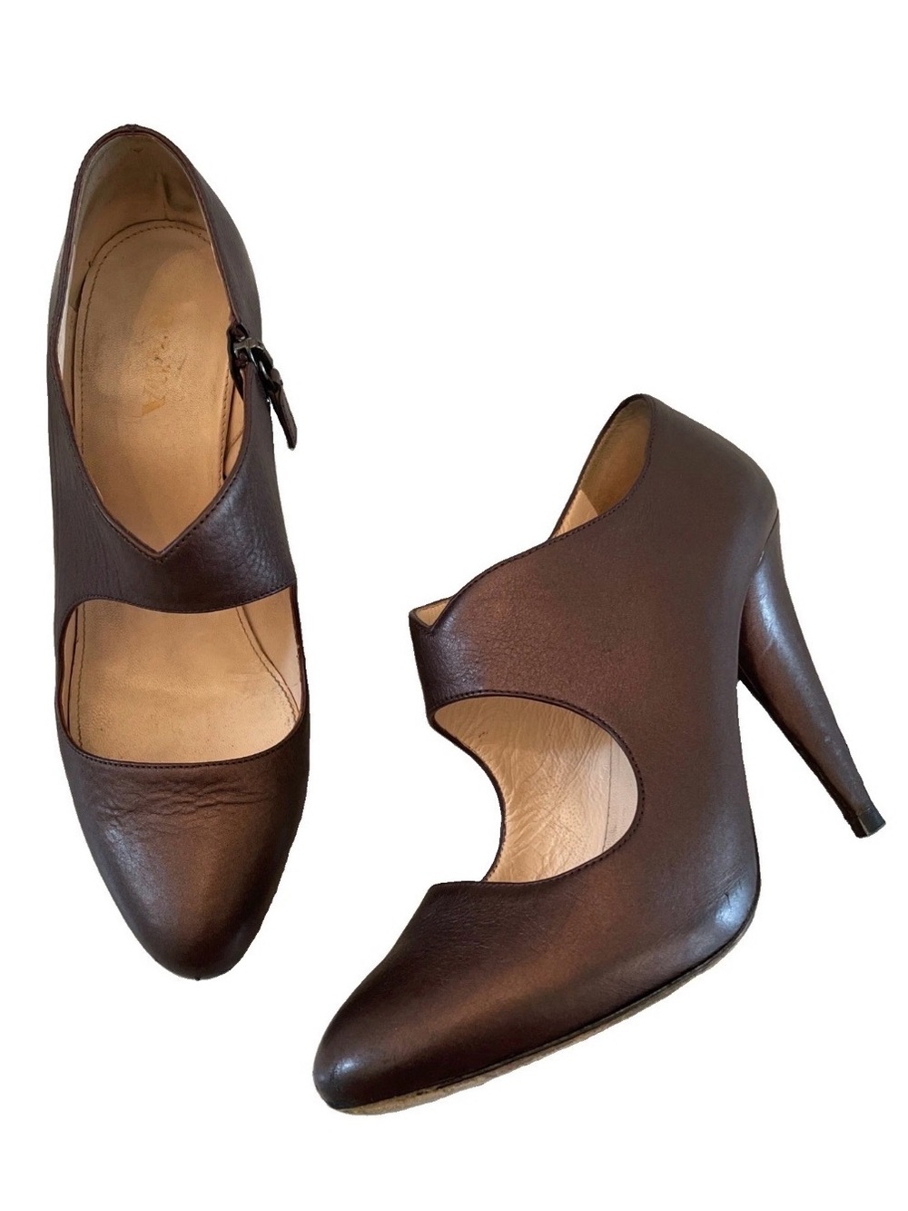 PRADA Metallic Brown Rose Cutout Mary Jane Style Side Zip Pumps Heels 37.5/US7.5